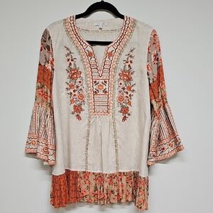 John Mark, Floral Linen Ruffle Blouse, Tan & Orange, Sz L